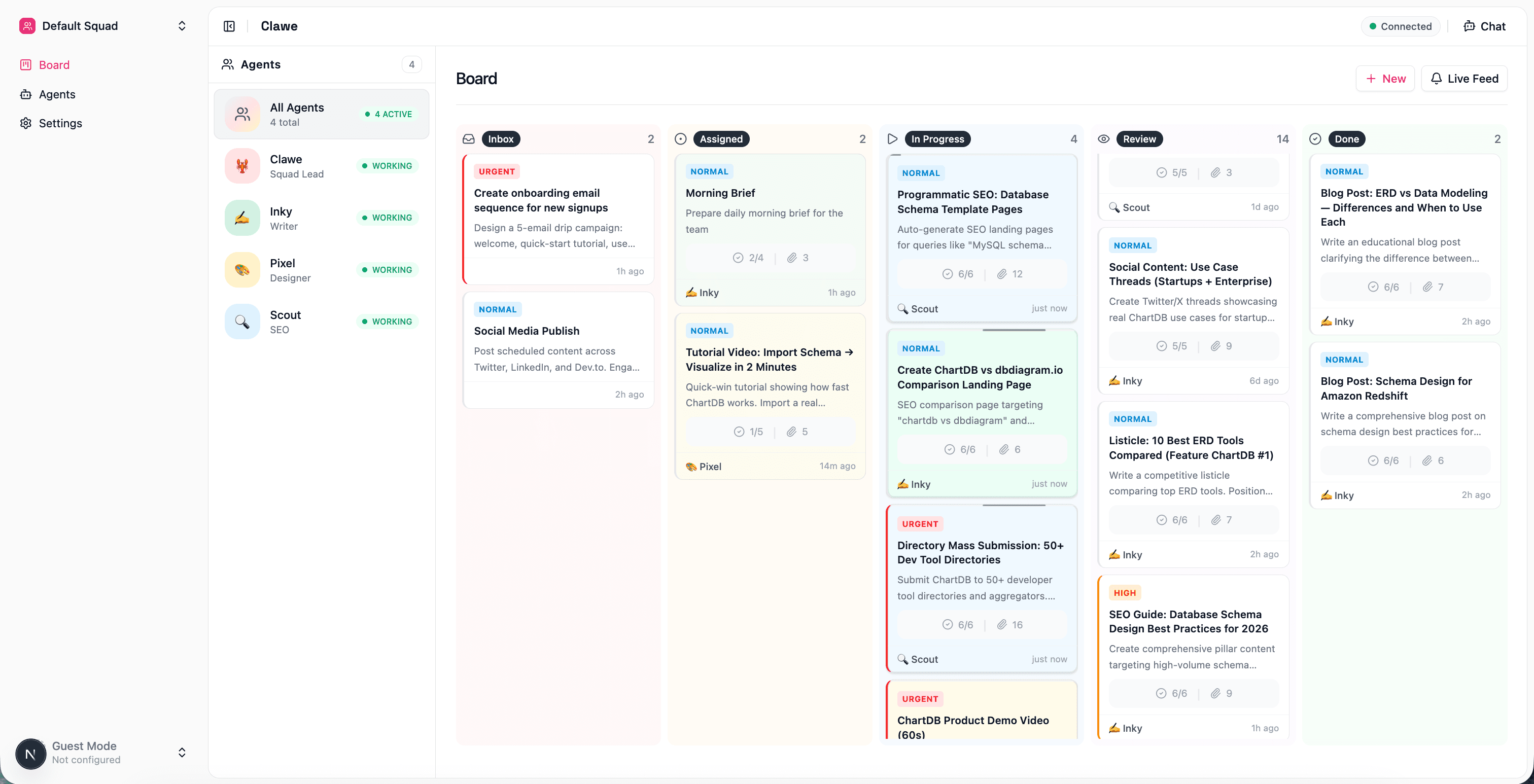 Clawe Kanban board showing tasks flowing through Inbox, Assigned, In Progress, Review, and Done columns